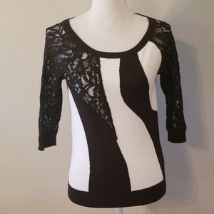 WHBM Black and White 3/4 sleeve with Lace Sweater.